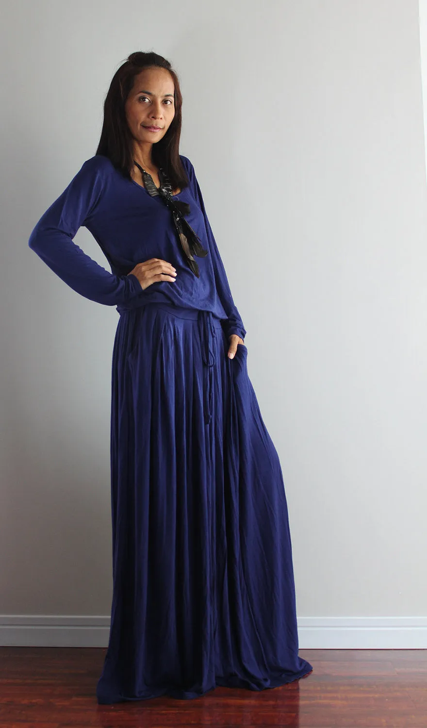 PLUS SIZE  Navy Blue Maxi Dress - Dark Blue Long Sleeve Dress : Autumn Thrills Collection No.1 (Best Seller)