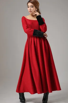 Red dress wool dress maxi winter dress (737)