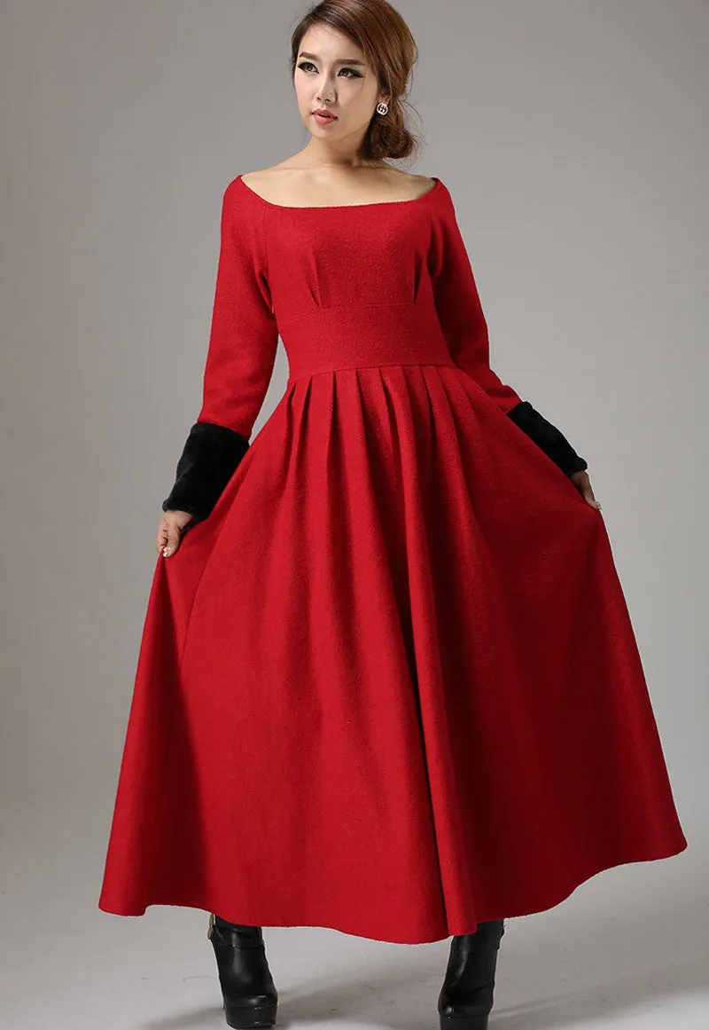 Red dress wool dress maxi winter dress (737)