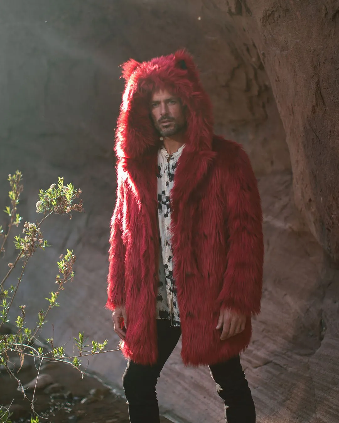 Red Velvet Wolf Classic Faux Fur Coat | Men's