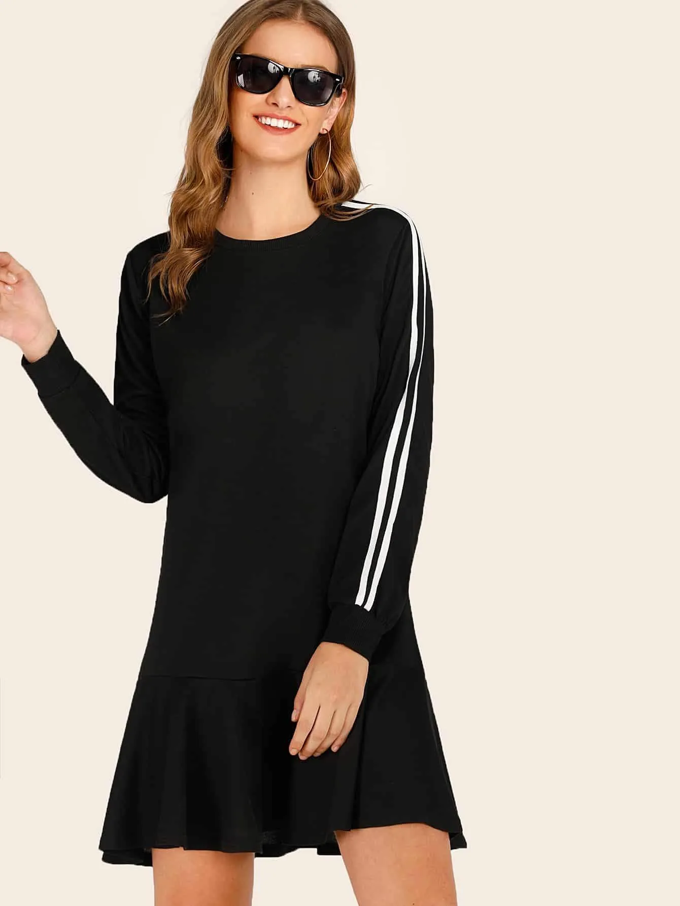 Side Stripe Ruffle Hem Sweatshirt Dress