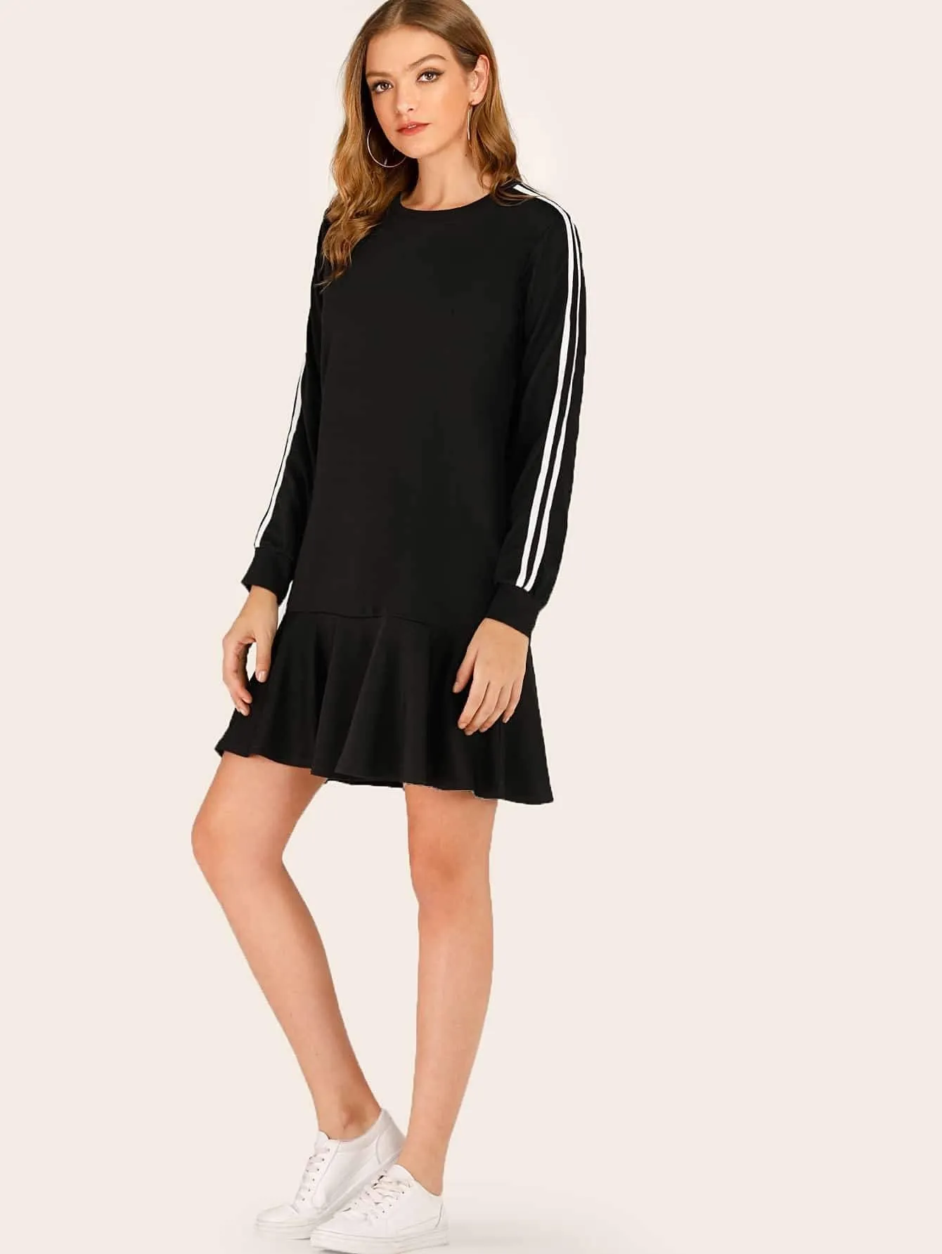 Side Stripe Ruffle Hem Sweatshirt Dress