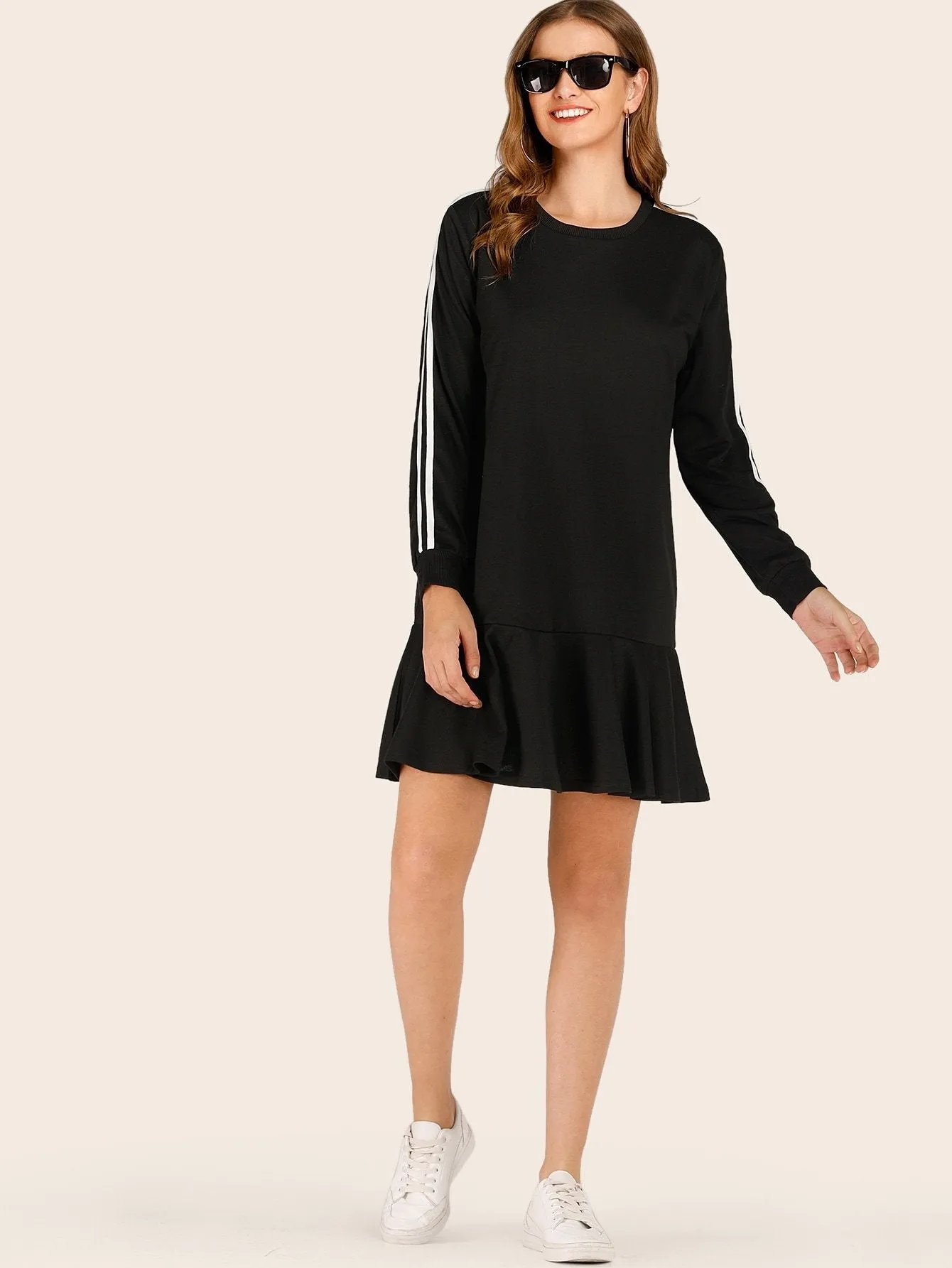 Side Stripe Ruffle Hem Sweatshirt Dress