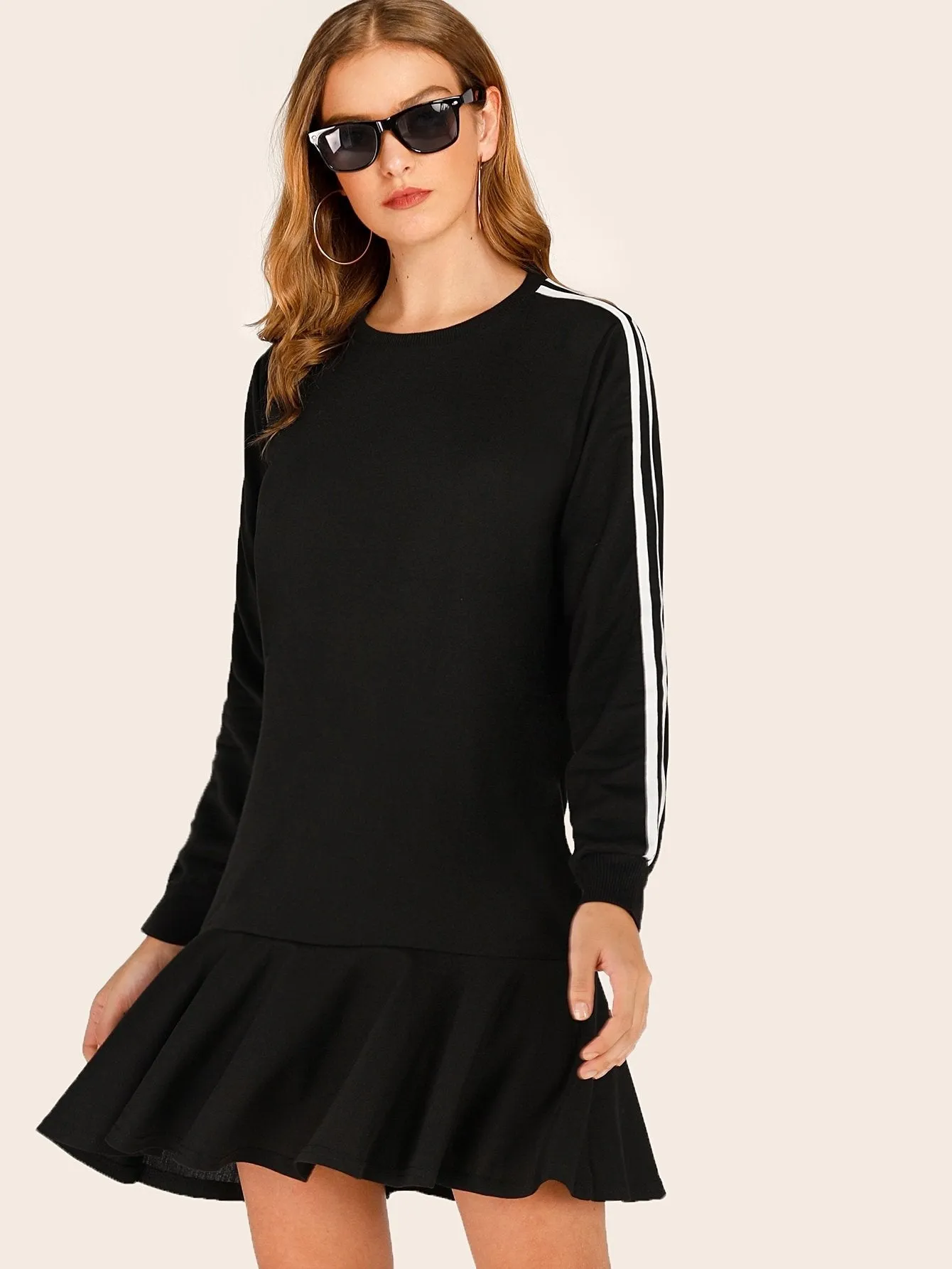 Side Stripe Ruffle Hem Sweatshirt Dress