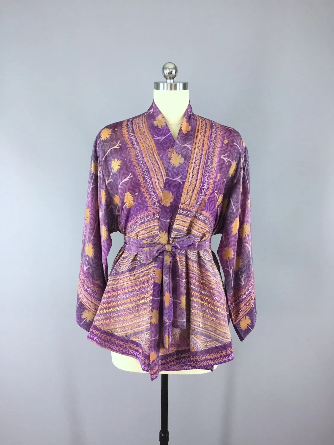 Silk Kimono Cardigan / Vintage Indian Sari / Purple Orange Floral Print