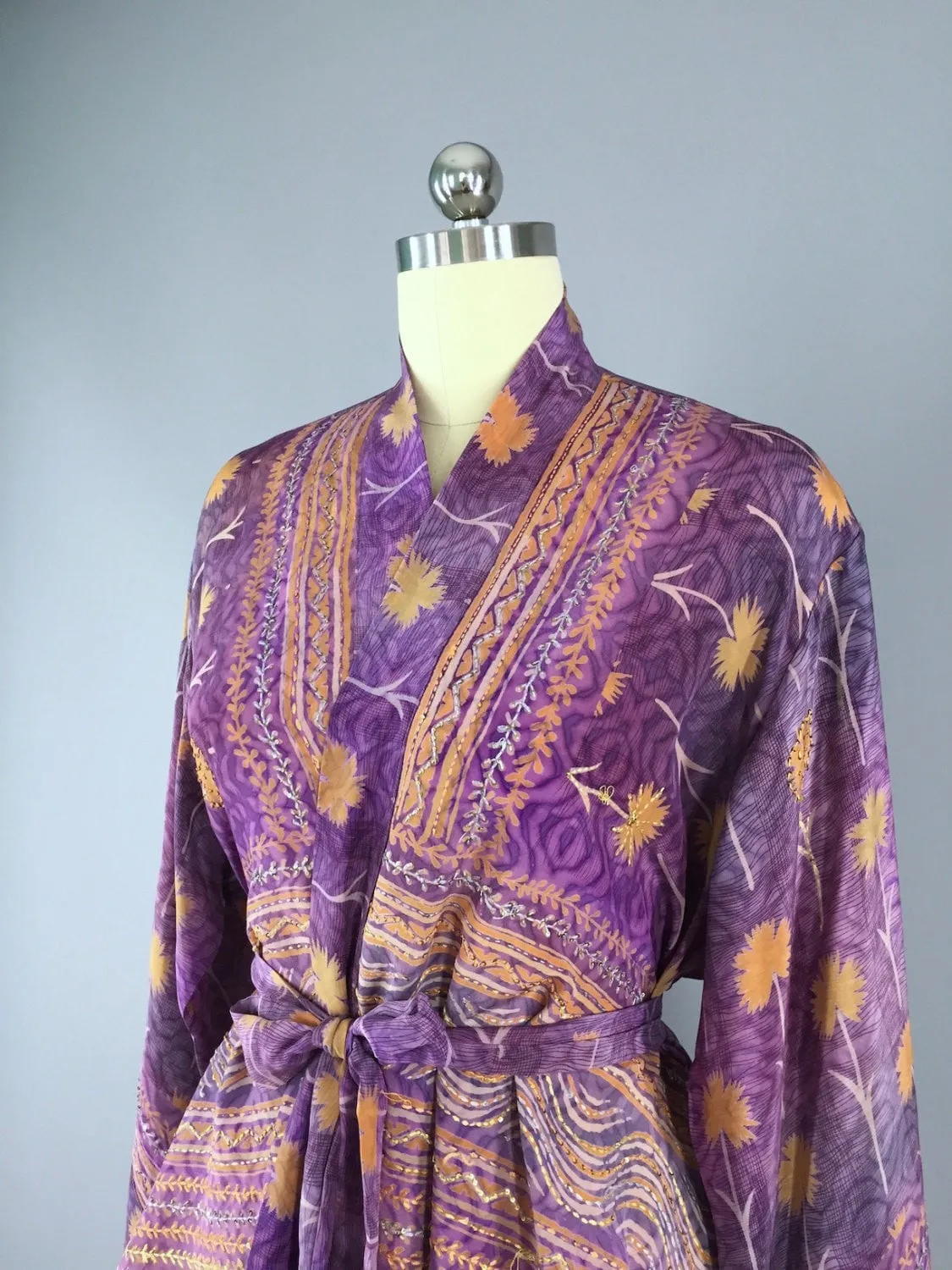 Silk Kimono Cardigan / Vintage Indian Sari / Purple Orange Floral Print