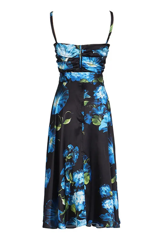 Silky Satin Floral Square Neck Ruched Tied Split Sleeveless Cocktail Midi Dress