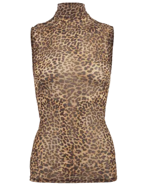 Sleeveless Leopard Print Mesh Turtleneck