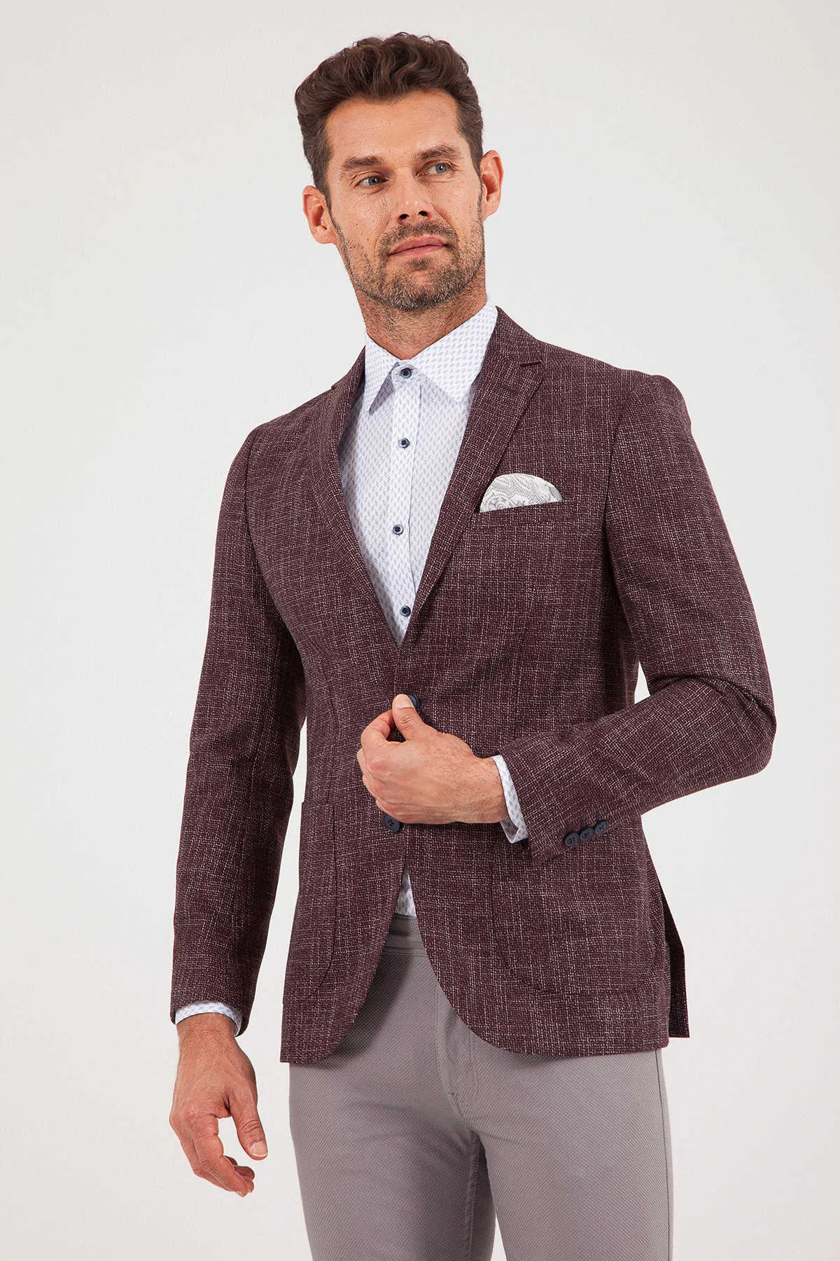 Slim Fit Burgundy Notch Lapel Casual Blazer