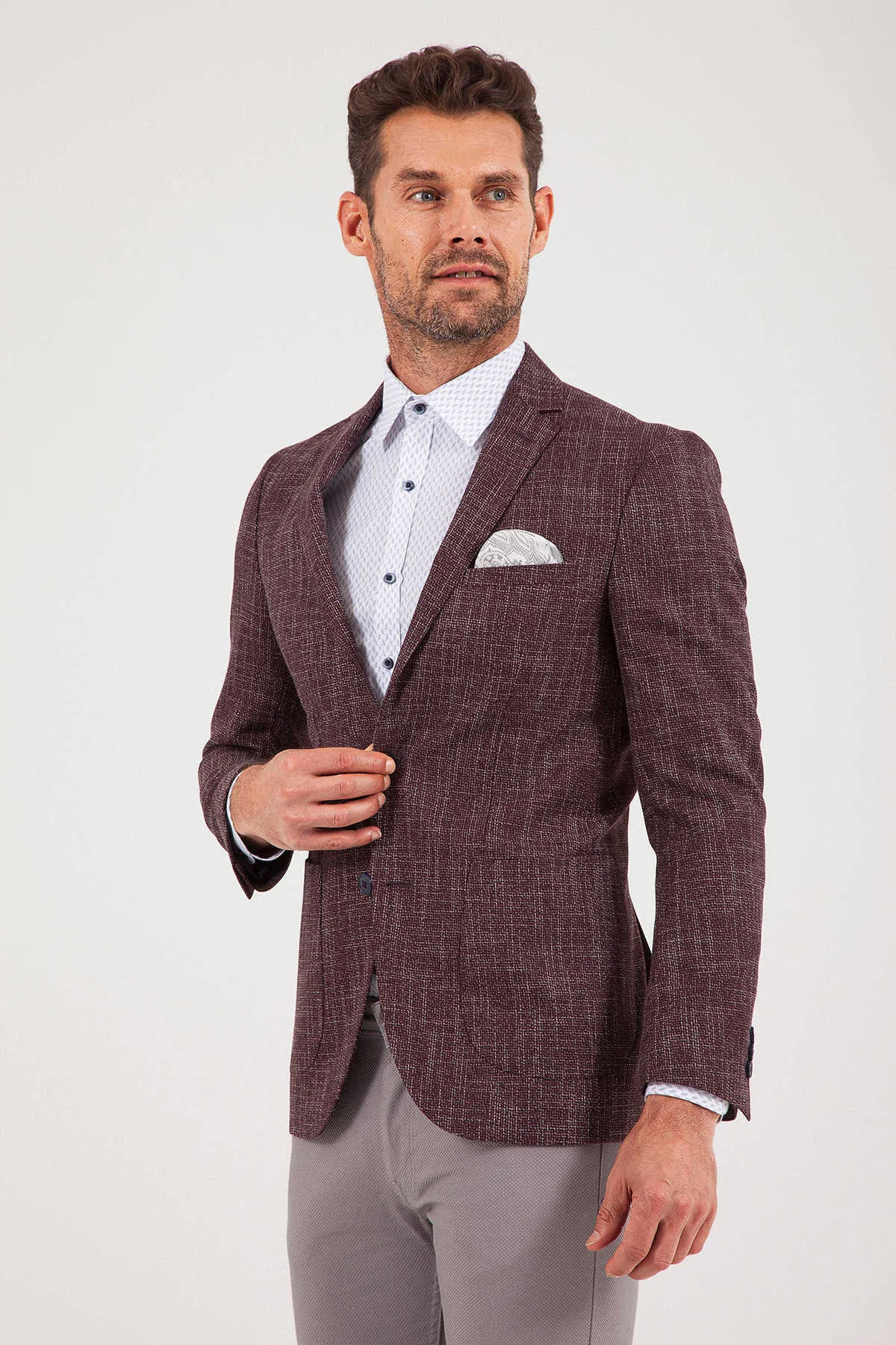 Slim Fit Burgundy Notch Lapel Casual Blazer