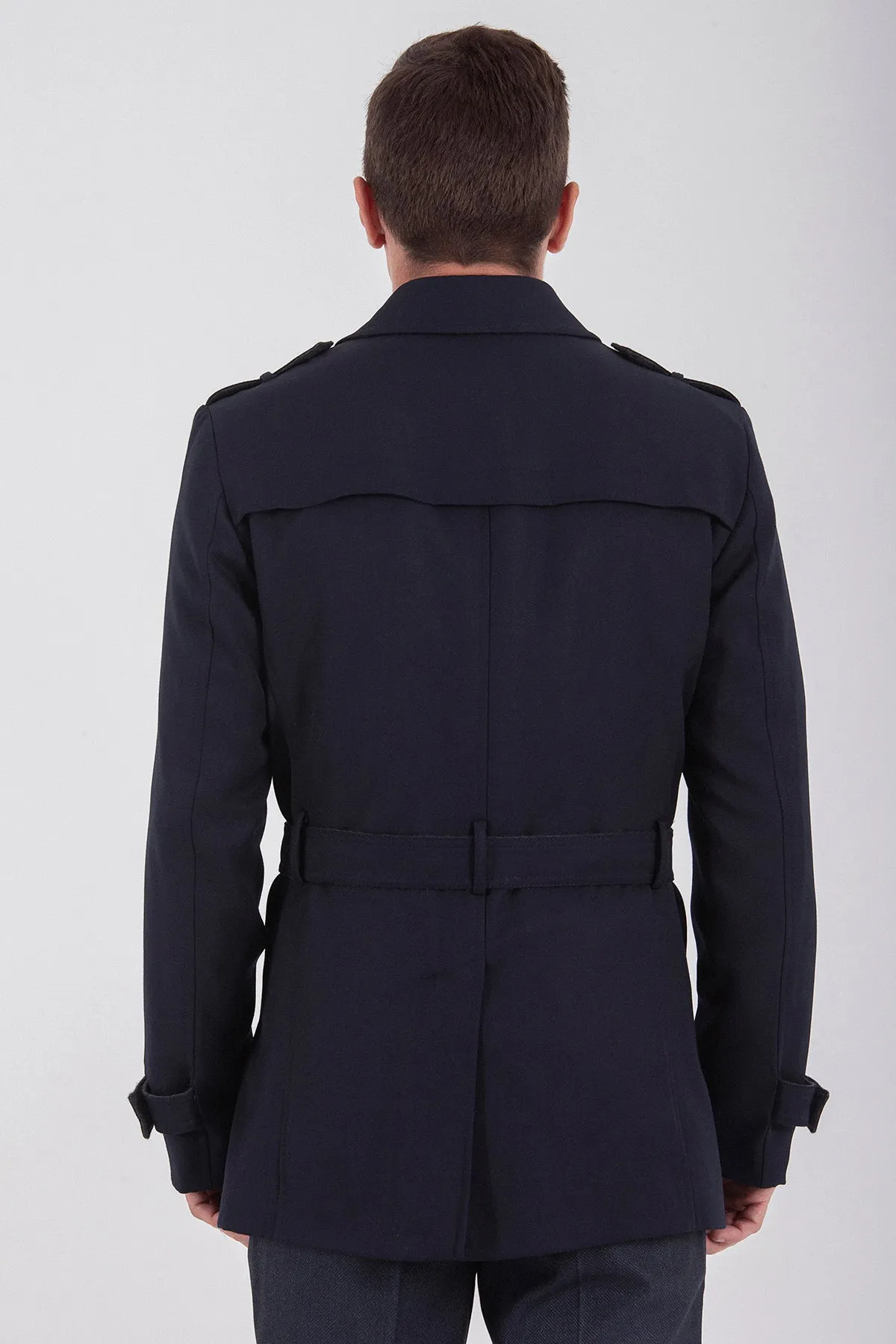 Slim Fit Flat Collar Wool Navy Trenchcoat