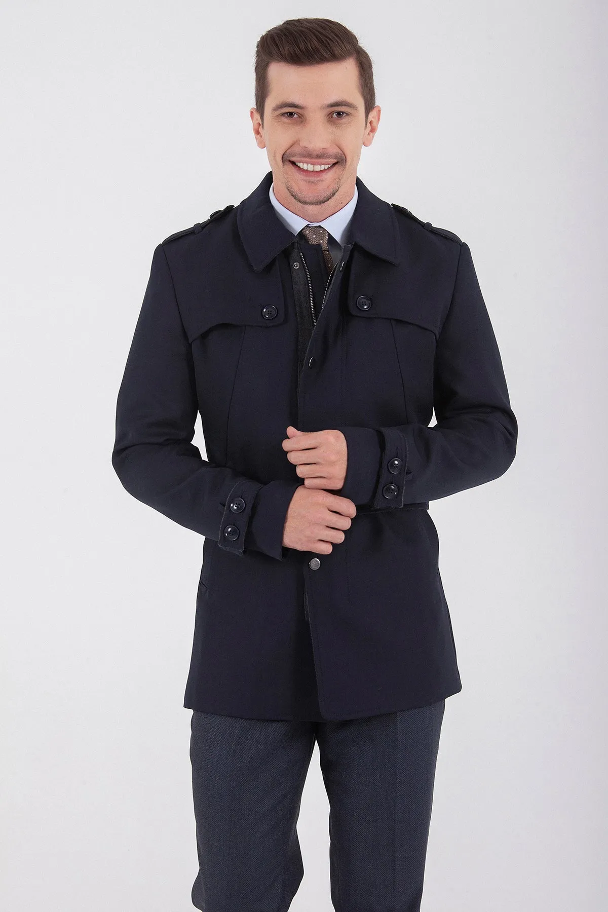 Slim Fit Flat Collar Wool Navy Trenchcoat