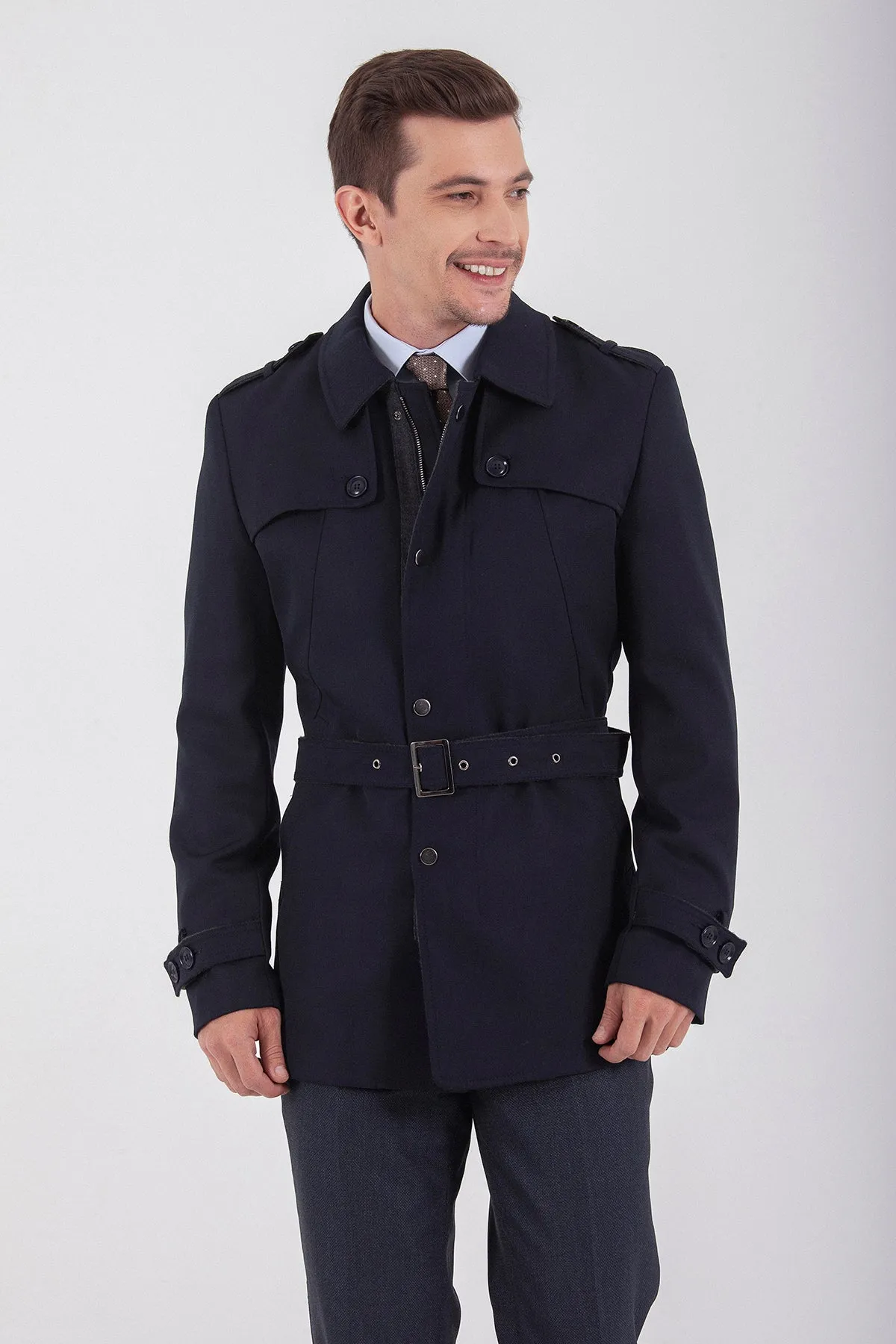 Slim Fit Flat Collar Wool Navy Trenchcoat