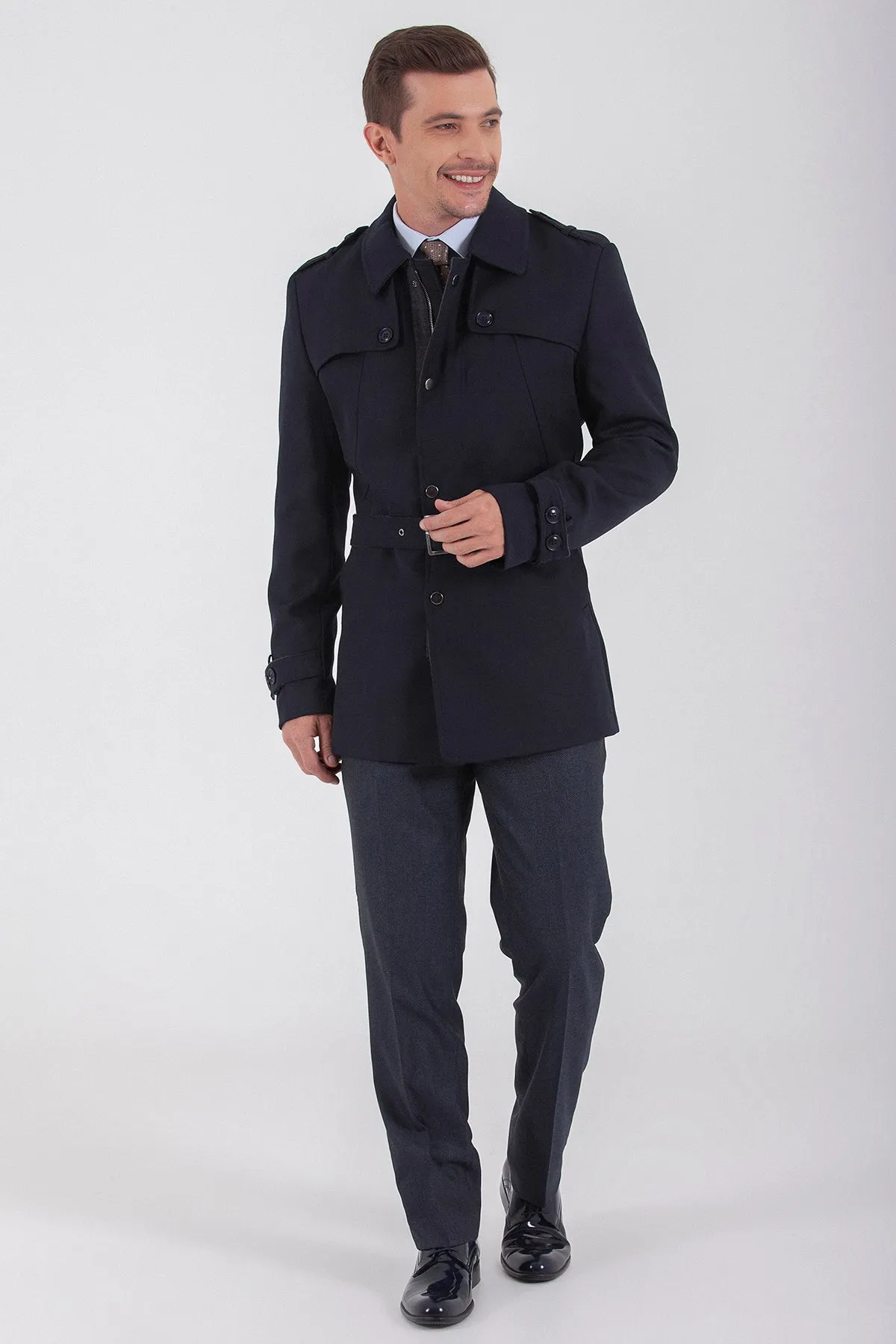 Slim Fit Flat Collar Wool Navy Trenchcoat