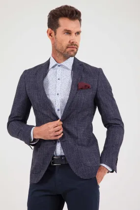 Slim Fit Notch Lapel Patterned Burgundy Casual Blazer, Navy D.