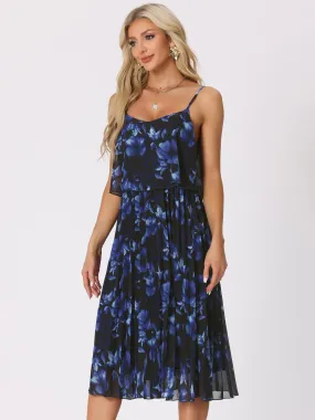 Spaghetti Strap Floral Pleated A-Line Midi Dress Sundress