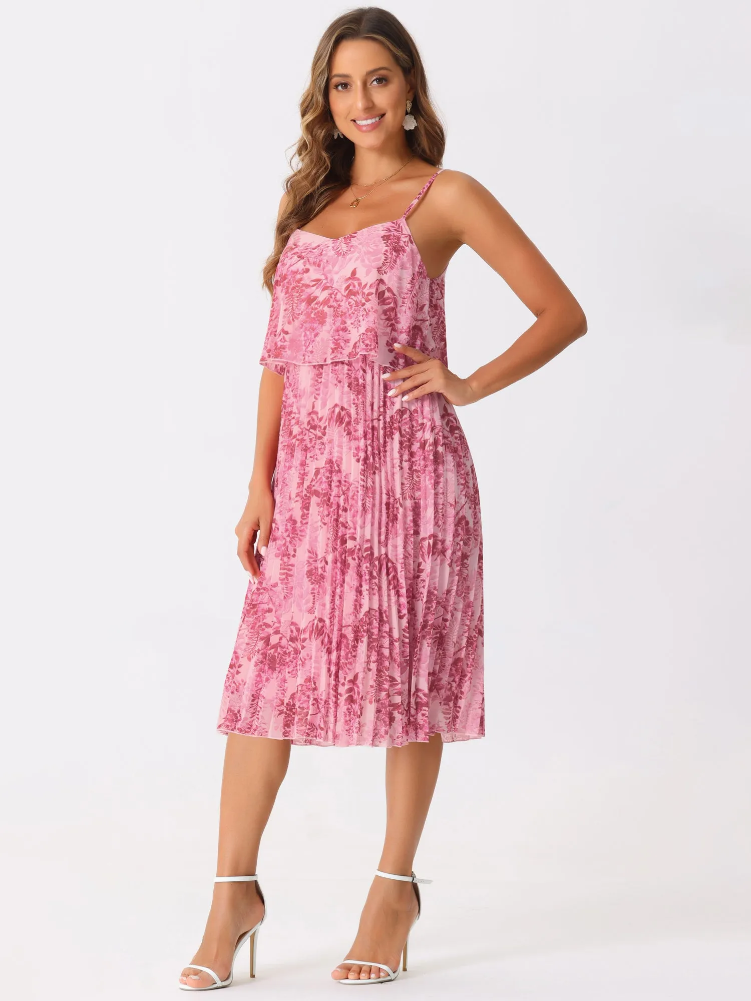 Spaghetti Strap Floral Pleated A-Line Midi Dress Sundress