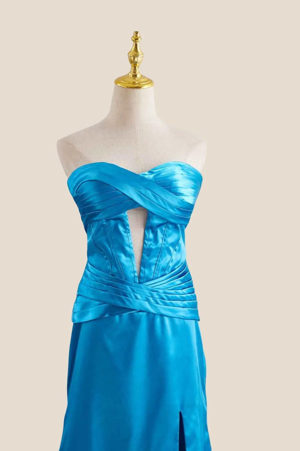 Strapless Blue Twist A-line Satin Long Dress