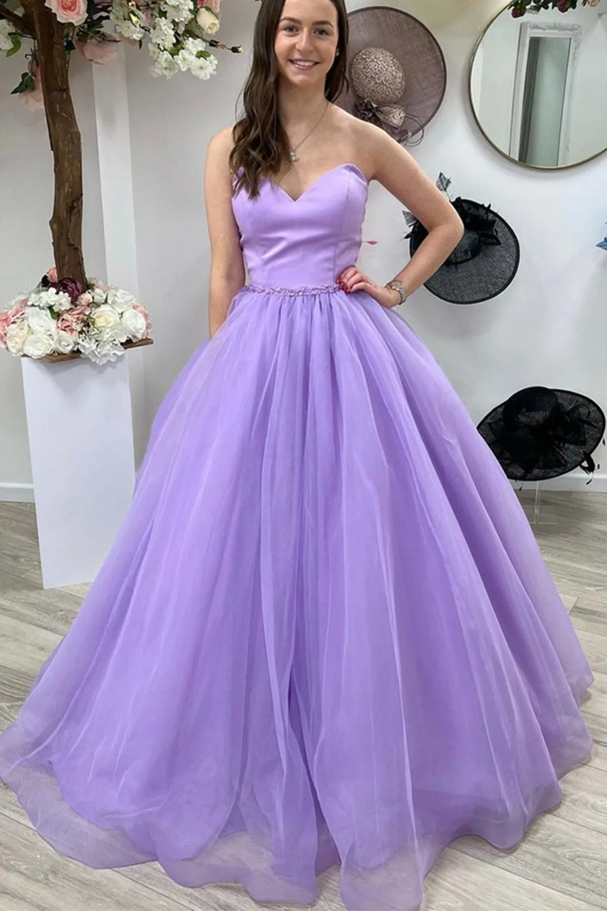 Strapless Purple Tulle Long Prom Dress with Belt, Long Purple Formal Graduation Evening Dress A1464