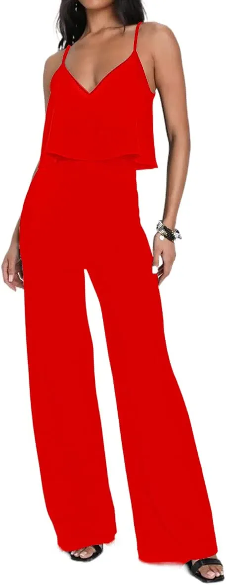 Summer Red Sleeveless Layered Wide Leg Jumpsuit