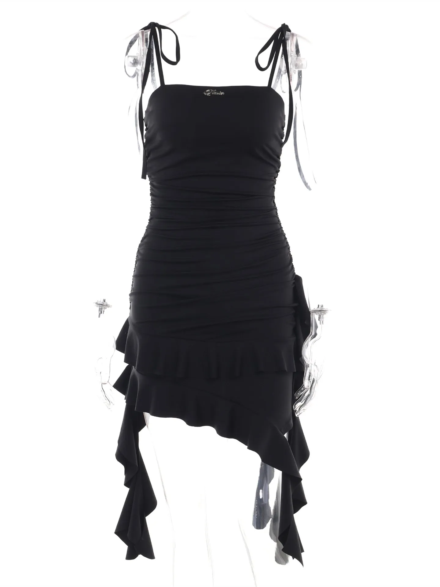 TastyHottie - Black Slinky Ruffle Detail Midi Dress