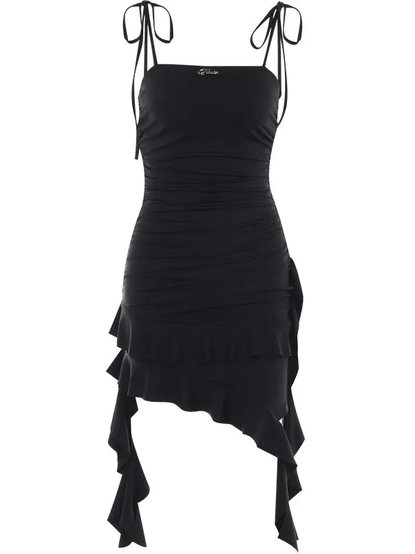 TastyHottie - Black Slinky Ruffle Detail Midi Dress