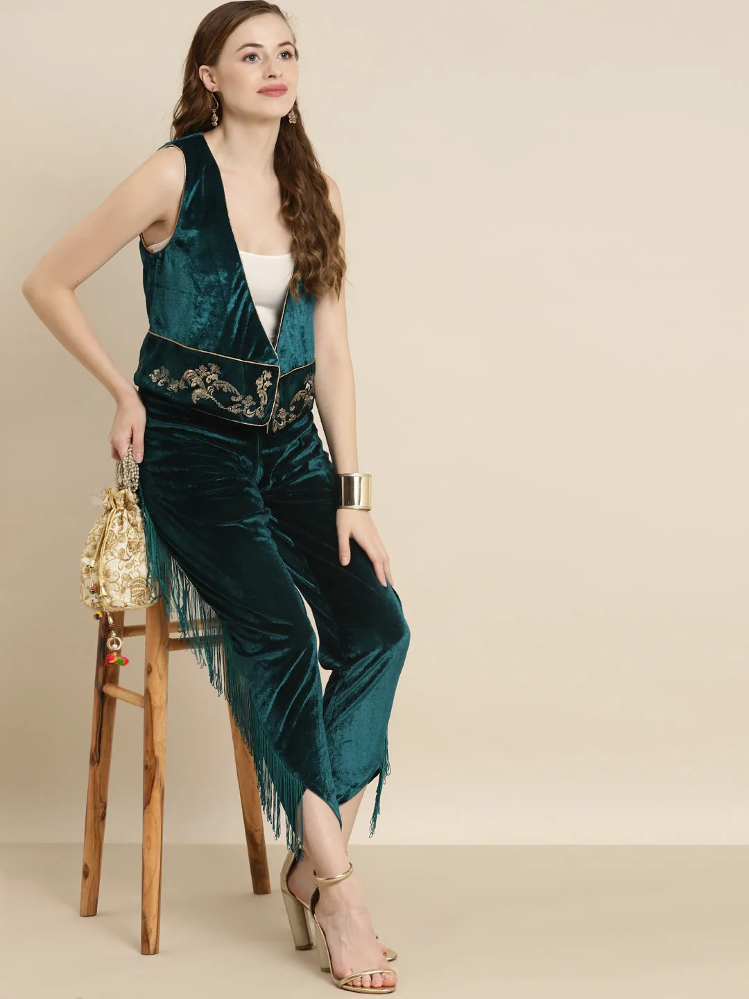 Teal Embroidered Velvet Waistcoat