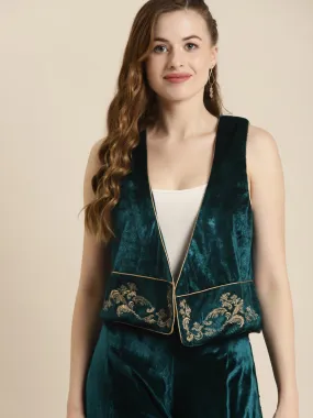 Teal Embroidered Velvet Waistcoat