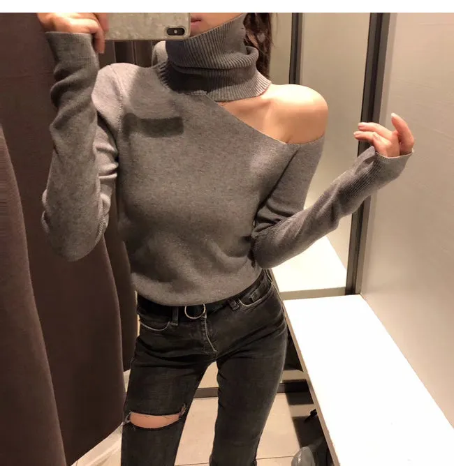 VenusFox Knitted Off Shoulder Turtleneck Sweater