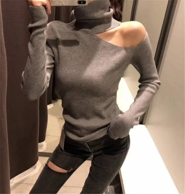 VenusFox Knitted Off Shoulder Turtleneck Sweater