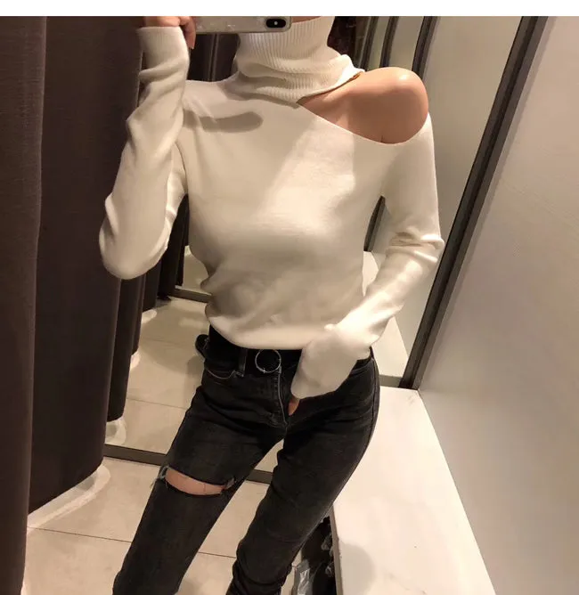 VenusFox Knitted Off Shoulder Turtleneck Sweater