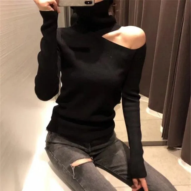 VenusFox Knitted Off Shoulder Turtleneck Sweater