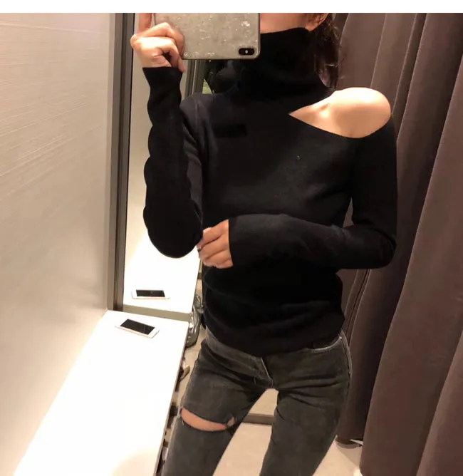 VenusFox Knitted Off Shoulder Turtleneck Sweater