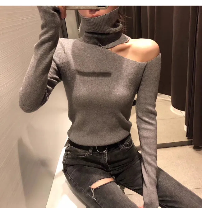 VenusFox Knitted Off Shoulder Turtleneck Sweater