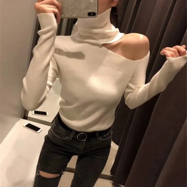 VenusFox Knitted Off Shoulder Turtleneck Sweater