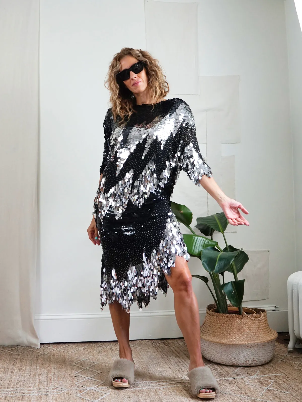 Vintage Black Silk Silver Sequin Dress