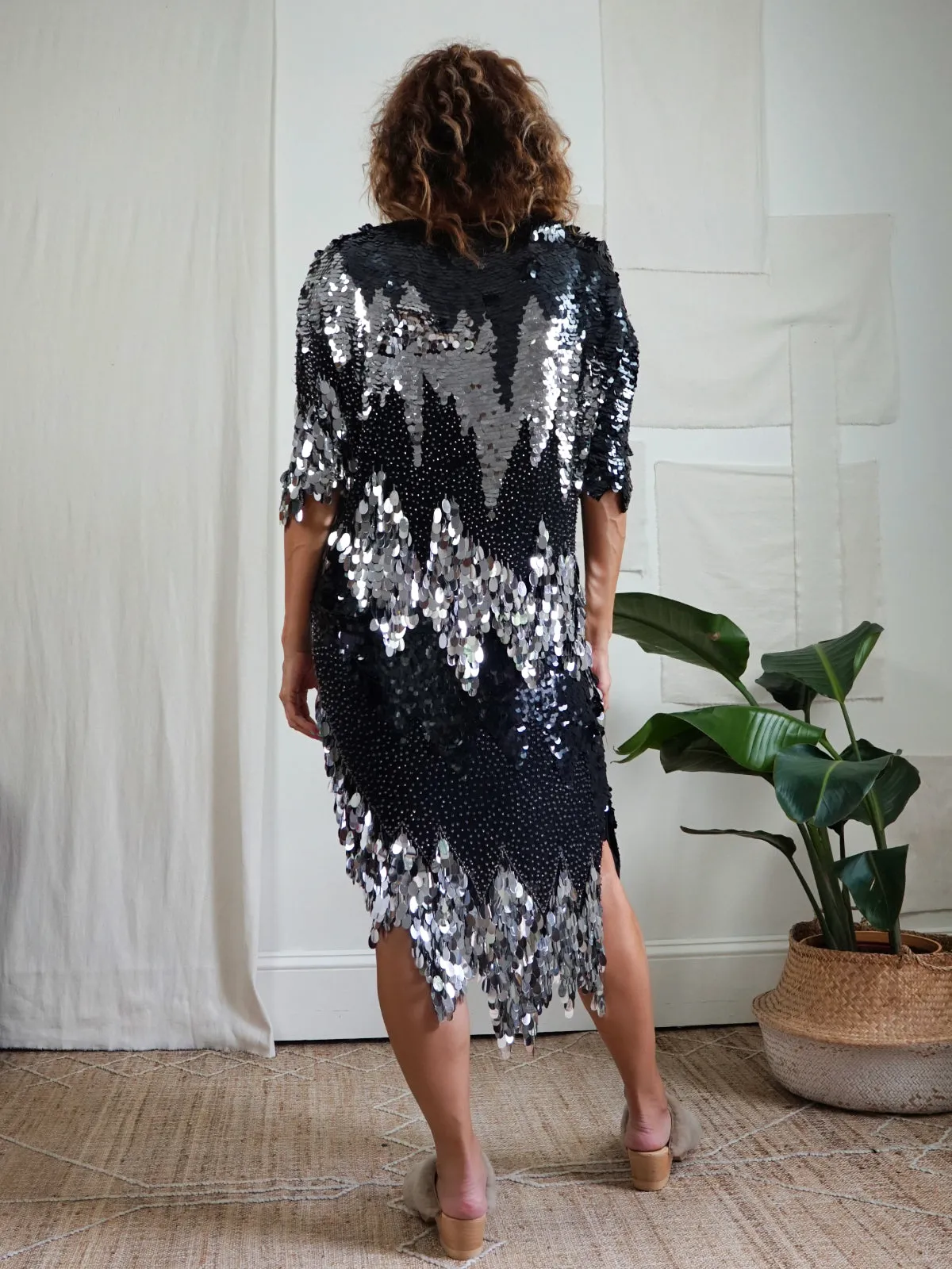 Vintage Black Silk Silver Sequin Dress