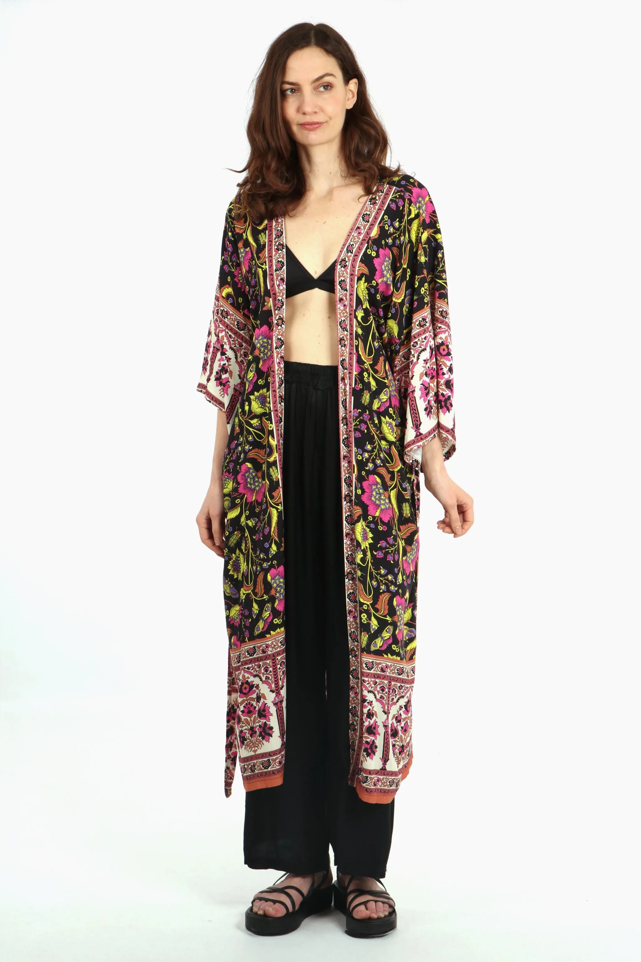 Vintage Floral & Butterfly Print Long Kimono Robe with Waist Belt in Black