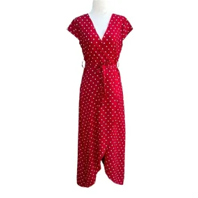 Vintage Inspired Red White Polka Dot V-Neck Cap Sleeves Tie Waist Tulip Dress