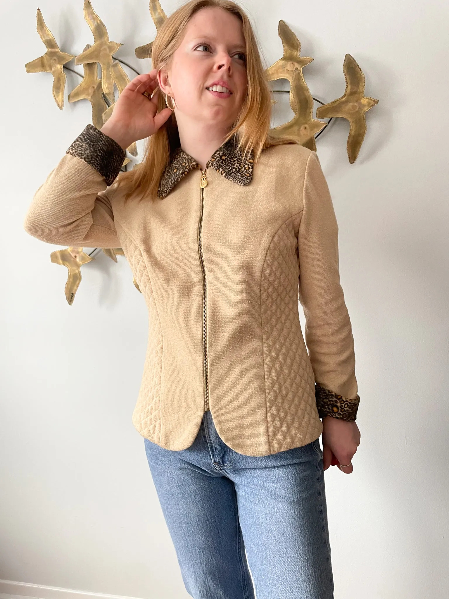 Vintage Mascara Beige Faux Animal Fur Trimmed Blazer - Size 8