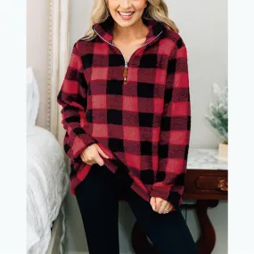 Women faux fur sweatshirt plaid camouflage quarter zip pullover