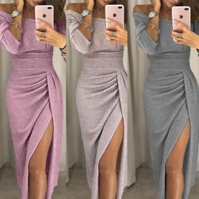 Women party off shoulder solid color prom wrap dress