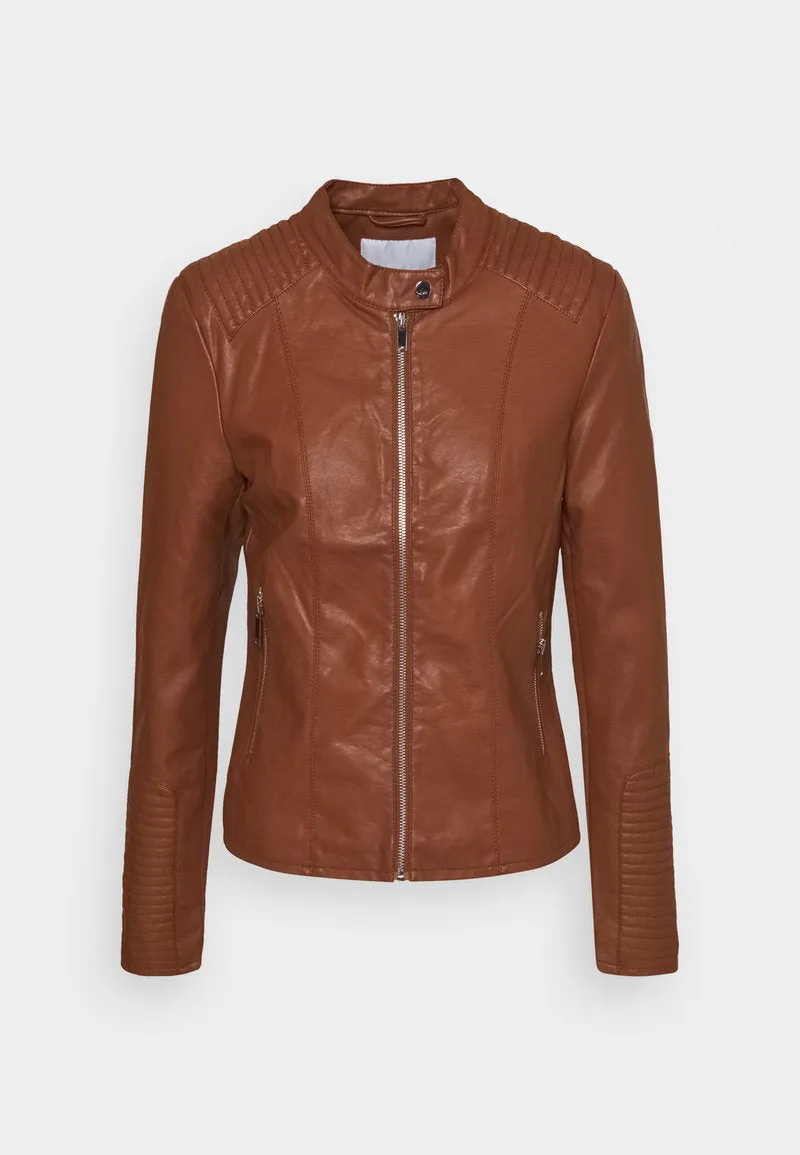 Women’s Chocolate Brown Leather Biker Jacket Ban Collar