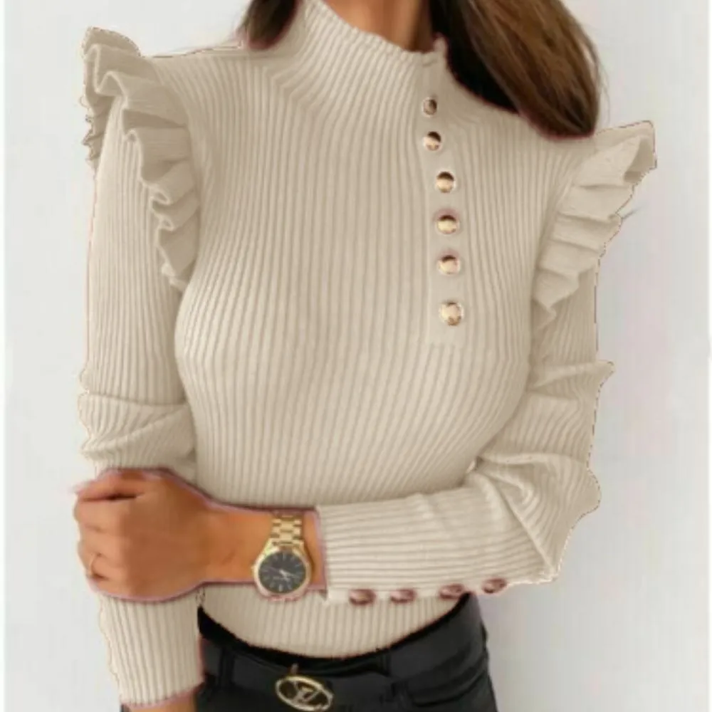 Womens Full Sleeves Knitted Sweaters Jumpers Party Top Gold Button