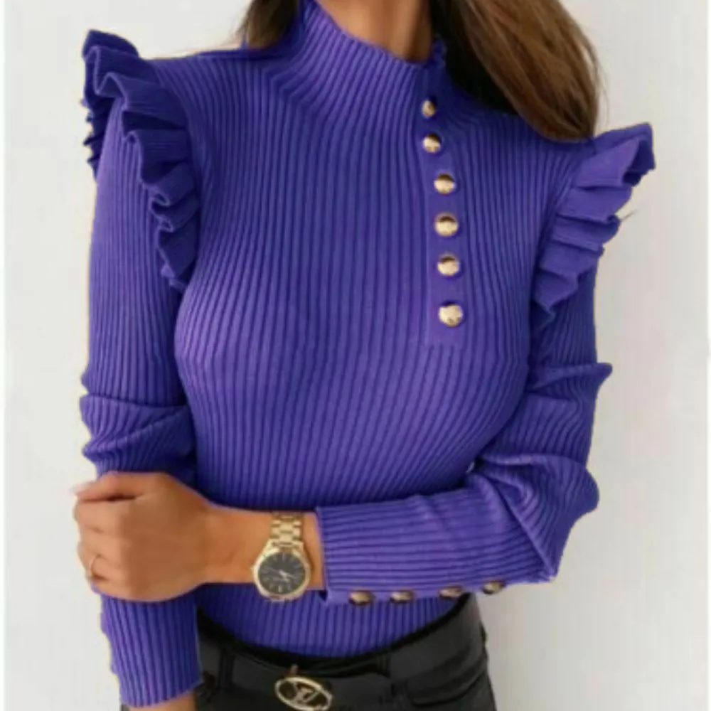 Womens Full Sleeves Knitted Sweaters Jumpers Party Top Gold Button