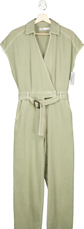 ZARA Khaki Cotton Utility Jumpsuit UK XS